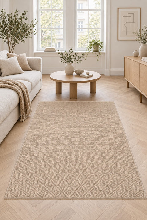 Striped Boho Area Rug – Beige in a living room