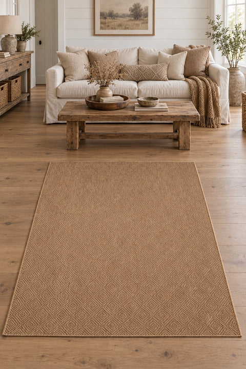 Striped Boho Area Rug – Brown in a living room