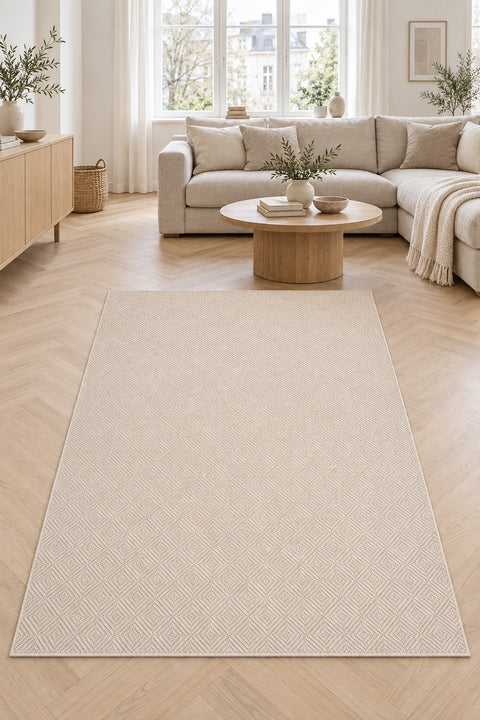 Striped Boho Area Rug – Cream in a living room