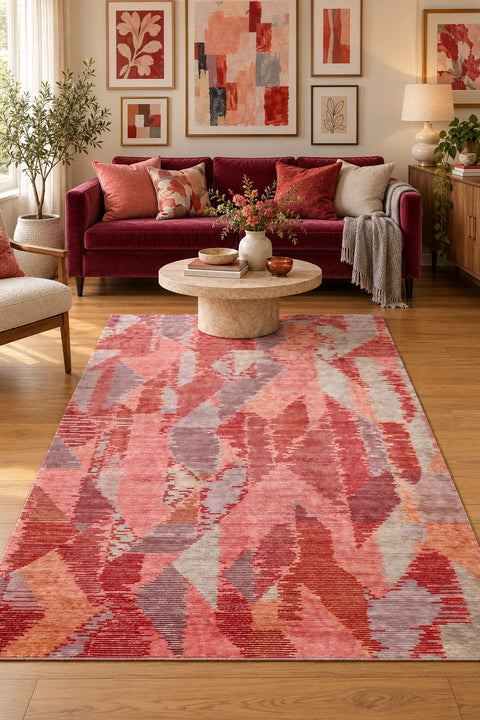 Striped Boho Area Rug – Red in a living room
