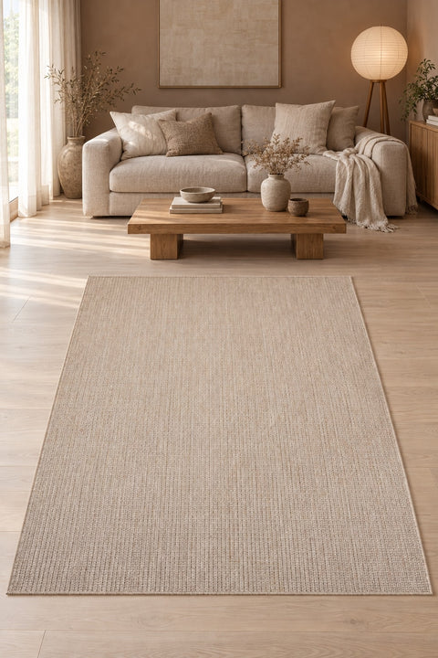 Striped Boho Kilim Area Rug – Beige in a living room