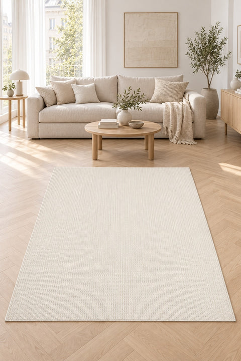 Striped Boho Kilim Area Rug – Cream in a living room