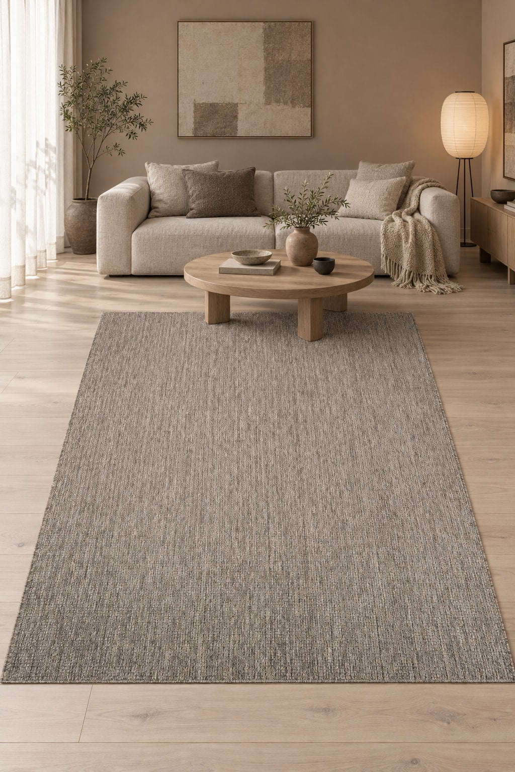 Striped Boho Kilim Area Rug – Gray in a living room