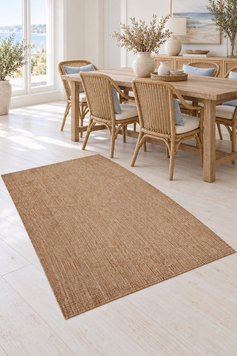 Striped Boho Kilim Area Rug – Light Brown in a dining room