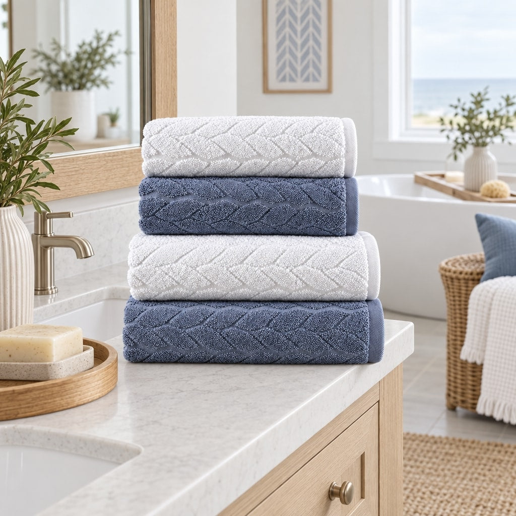 Striped Cotton Bath Towel Set of 4 – Indigo & White in a bathroom