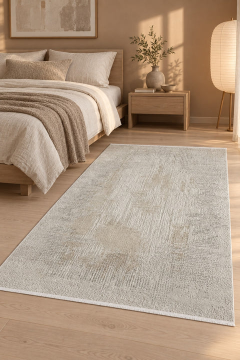 Striped Modern Area Rug – Beige in a bedroom