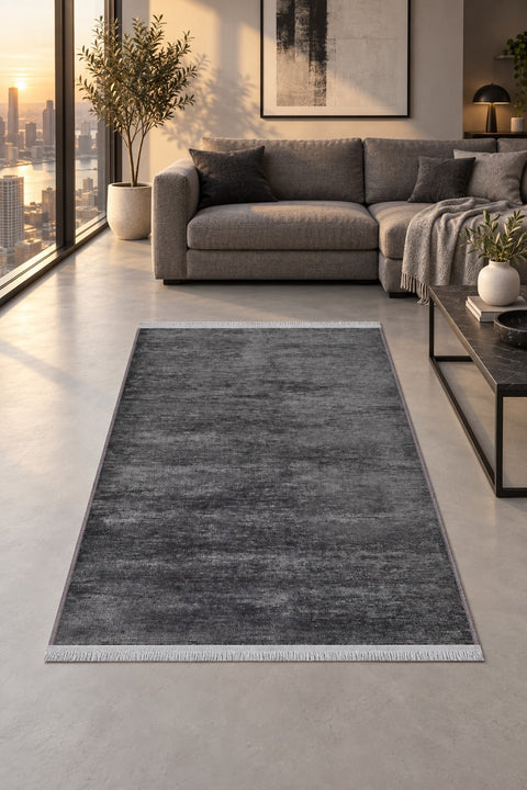 Striped Modern Area Rug – Charcoal 1 in a living room