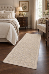 Striped Modern Area Rug – Cream in a bedroom