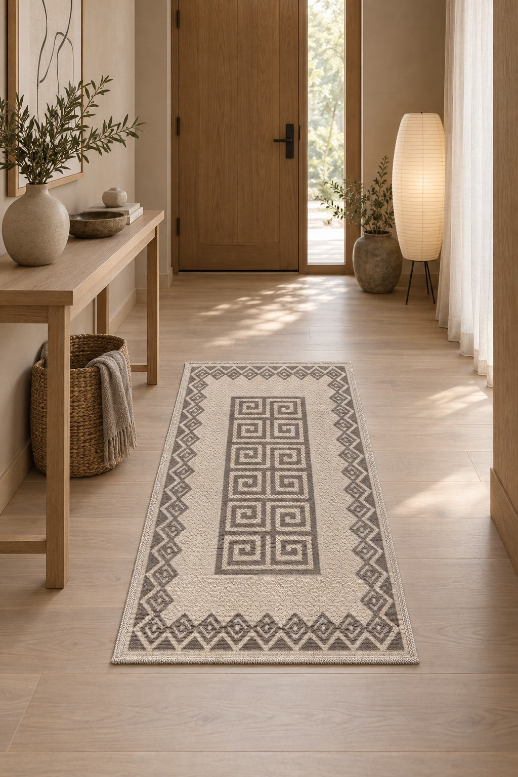 Striped Modern Area Rug – Dark Brown in a hallway