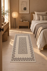 Striped Modern Area Rug – Dark Brown in a bedroom