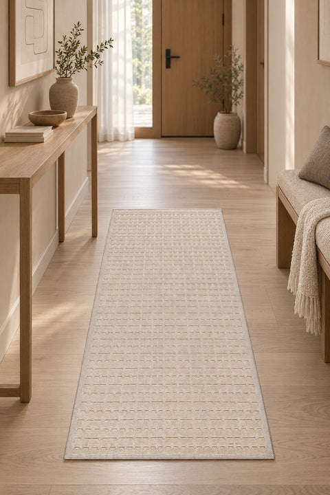 Striped Modern Area Rug – Dark Cream in a hallway