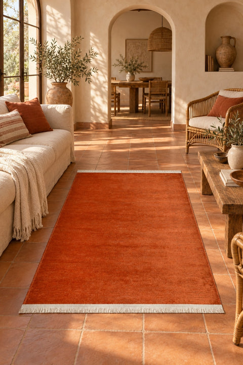 Striped Modern Area Rug – Terracotta in a living room