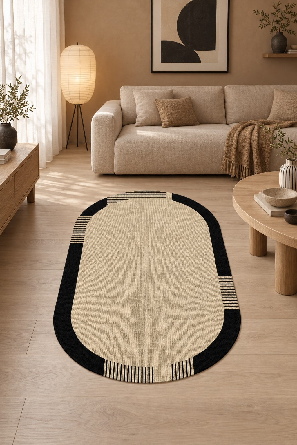 Striped Modern Kitchen Rug – Beige in a living room