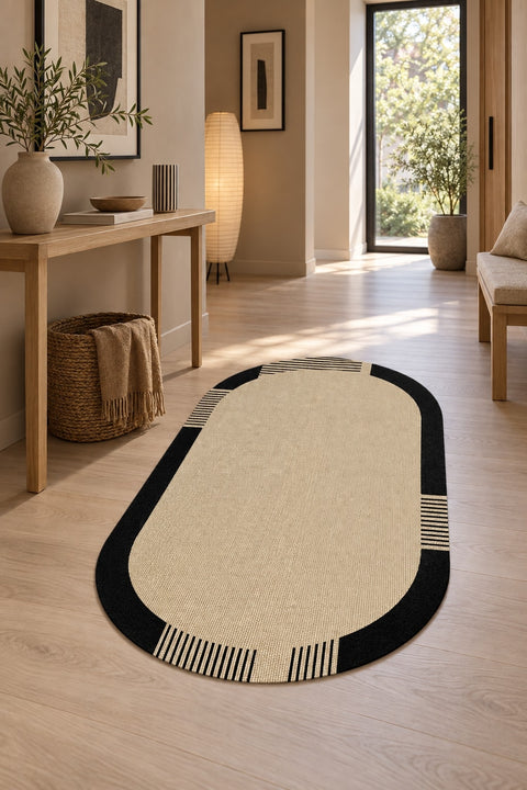 Striped Modern Kitchen Rug – Beige in a hallway