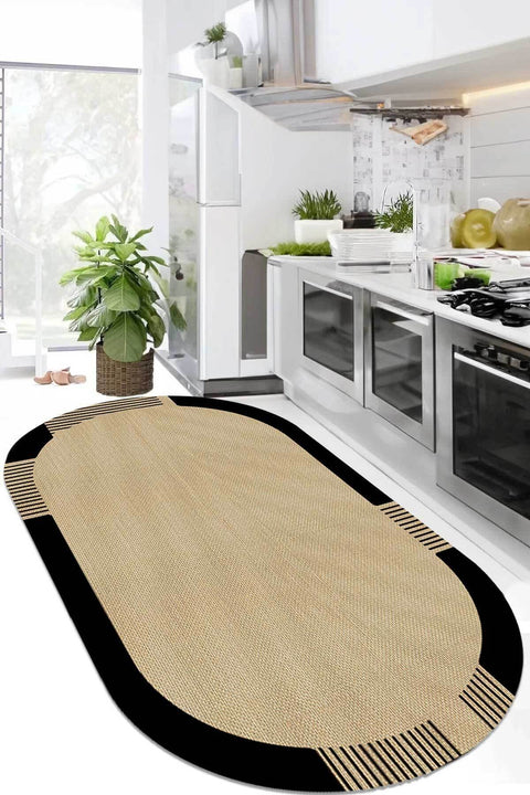 Striped Modern Kitchen Rug – Beige in a kitchen
