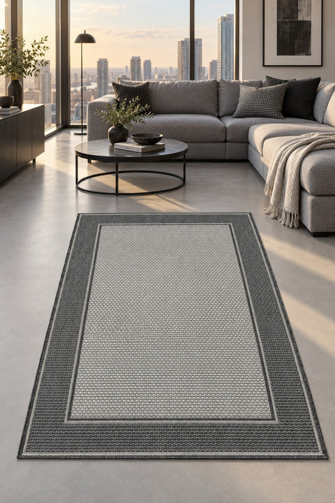 Striped Modern Kitchen Rug – Black in a living room