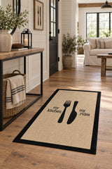 Striped Modern Kitchen Rug – Black in a hallway