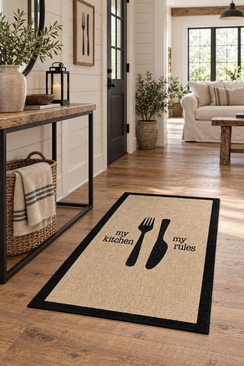 Striped Modern Kitchen Rug – Black in a hallway