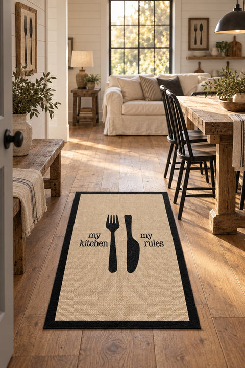 Striped Modern Kitchen Rug – Black in a dining room
