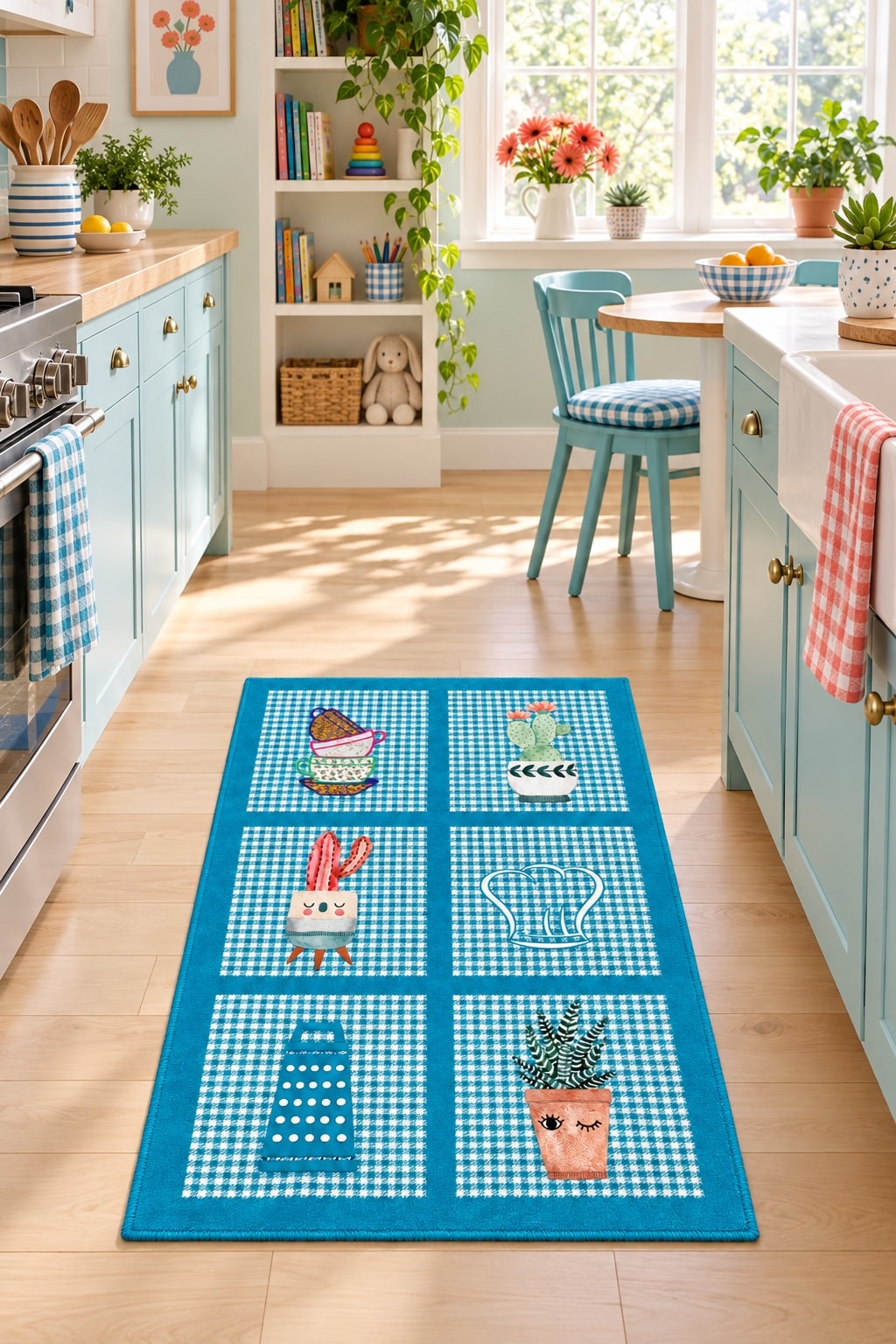 Striped Modern Kitchen Rug – Blue in a kitchen