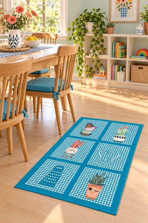 Striped Modern Kitchen Rug – Blue in a dining room