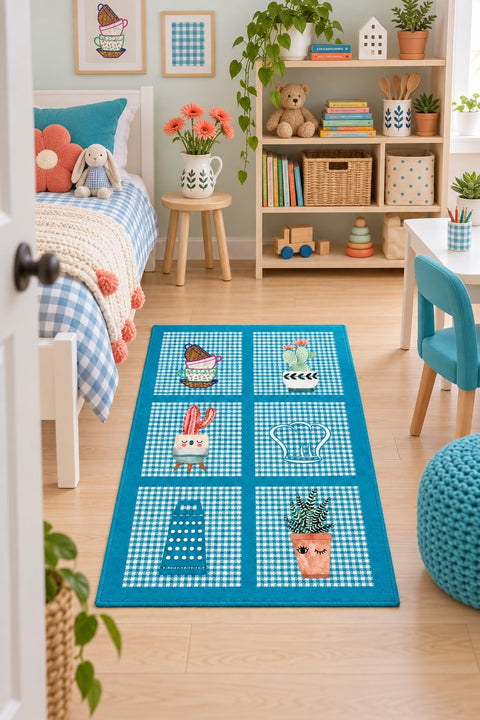 Striped Modern Kitchen Rug – Blue in a nursery