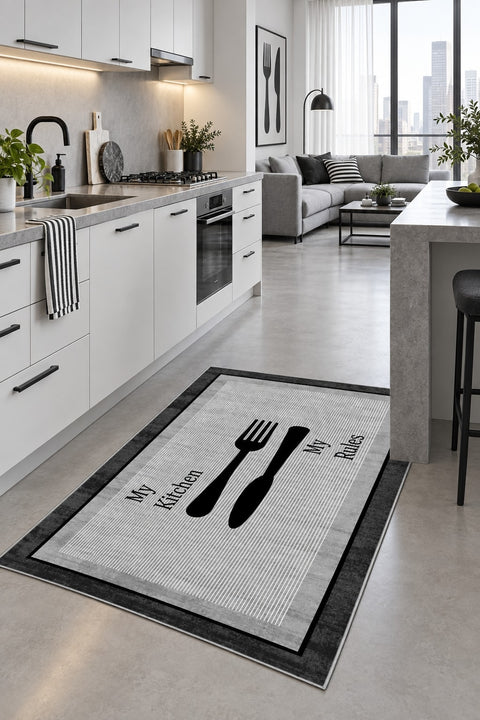 Striped Modern Kitchen Rug – Charcoal in a kitchen