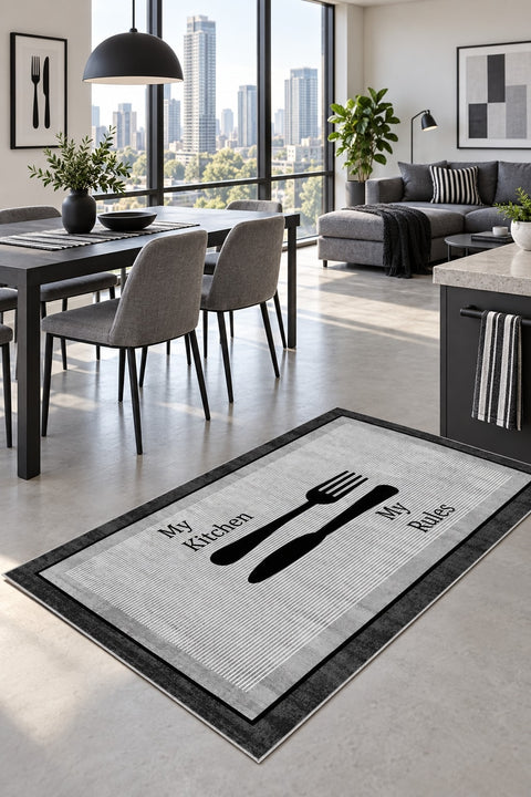 Striped Modern Kitchen Rug – Charcoal in a dining room