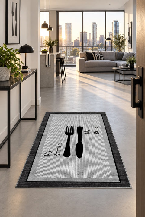 Striped Modern Kitchen Rug – Charcoal in a hallway