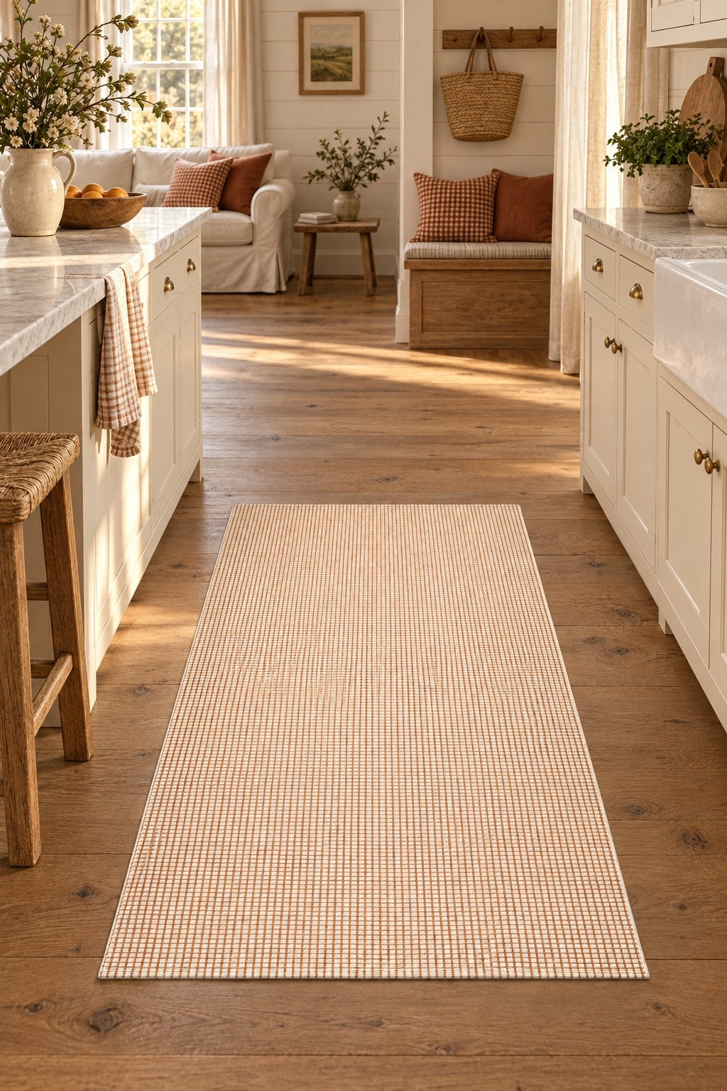 Striped Modern Kitchen Rug – Cream in a kitchen