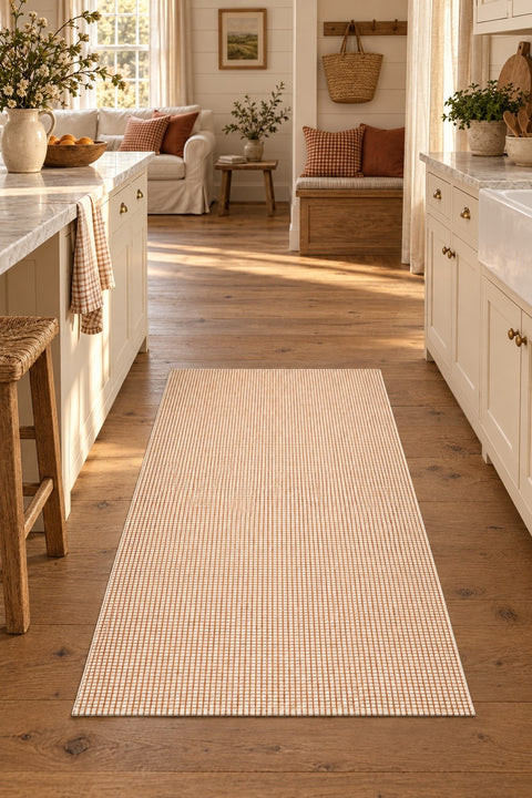 Striped Modern Kitchen Rug – Cream in a kitchen