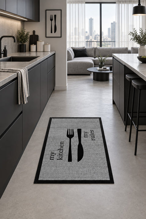 Striped Modern Kitchen Rug – Gray in a kitchen