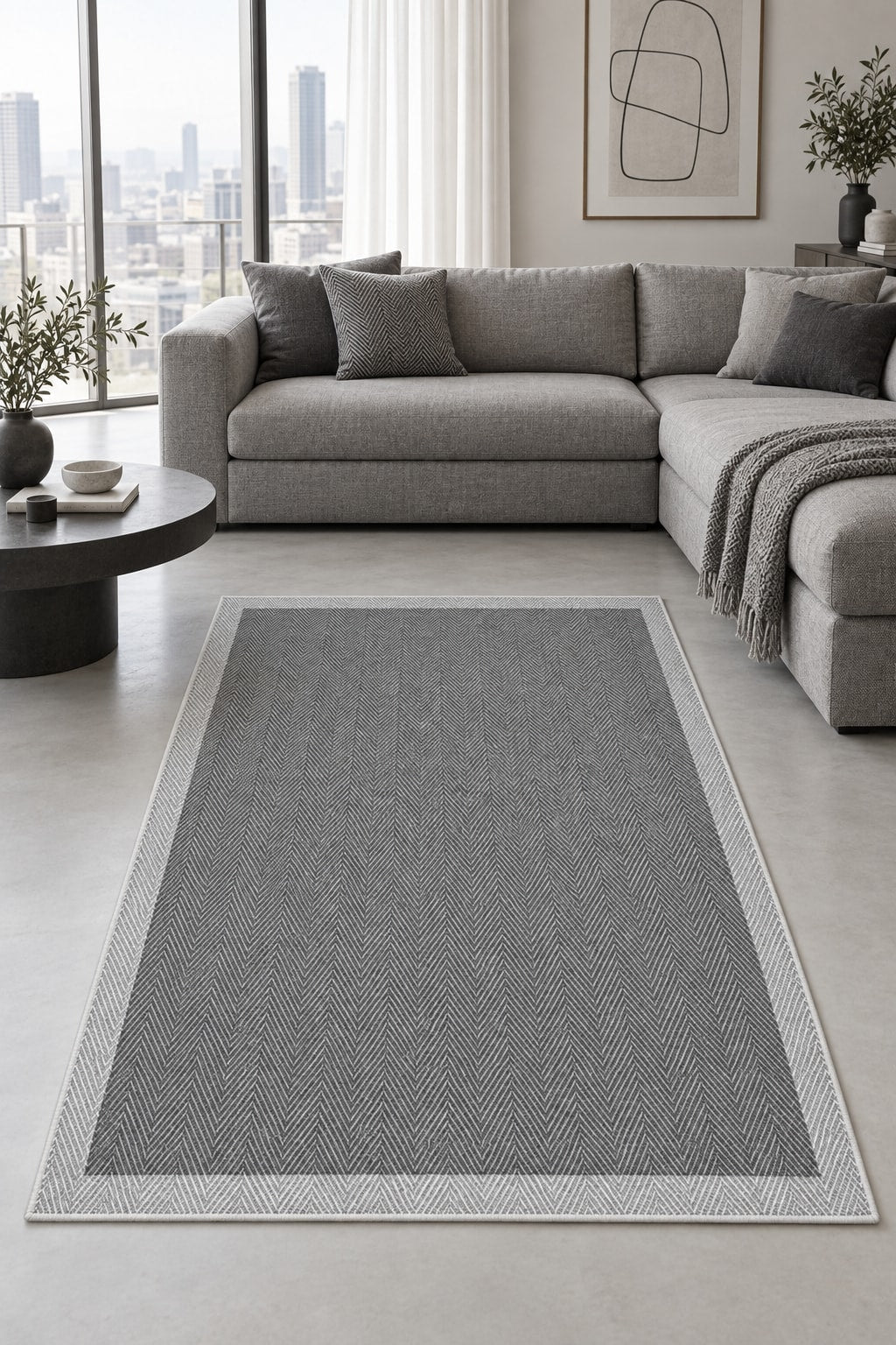 Striped Modern Kitchen Rug – Gray in a living room