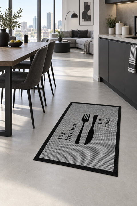 Striped Modern Kitchen Rug – Gray in a dining room