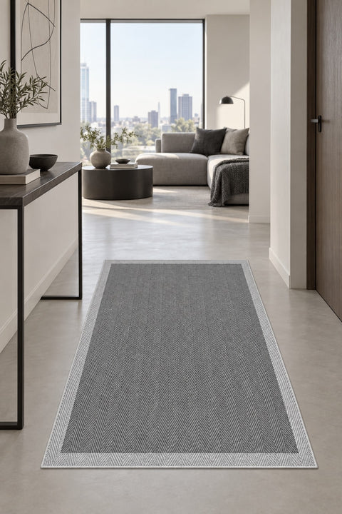 Striped Modern Kitchen Rug – Gray in a hallway