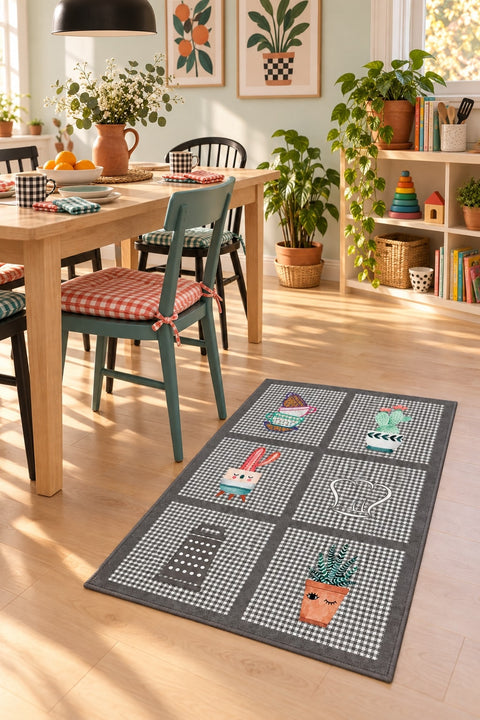 Striped Modern Kitchen Rug – Gray in a dining room