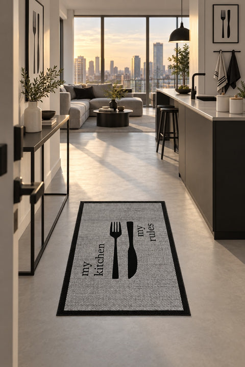 Striped Modern Kitchen Rug – Gray in a hallway