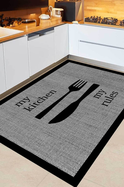 Striped Modern Kitchen Rug – Gray in a kitchen