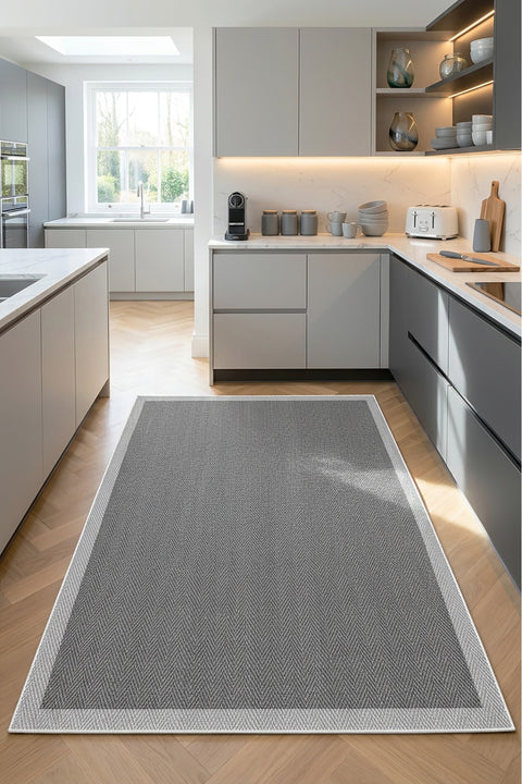 Striped Modern Kitchen Rug – Gray in a kitchen