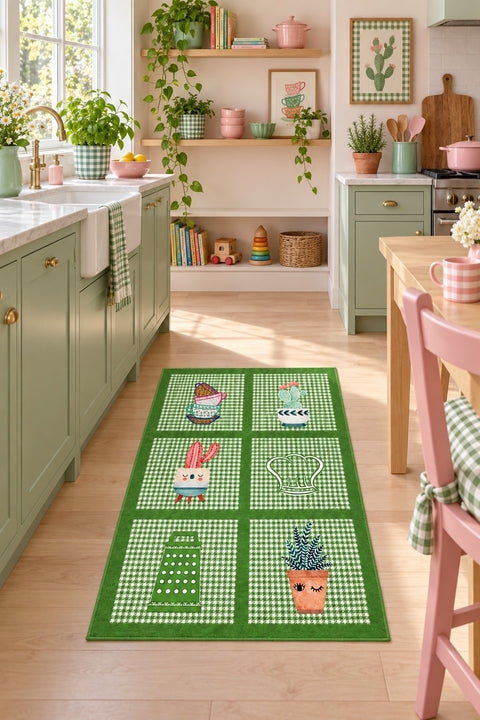 Striped Modern Kitchen Rug – Green in a kitchen