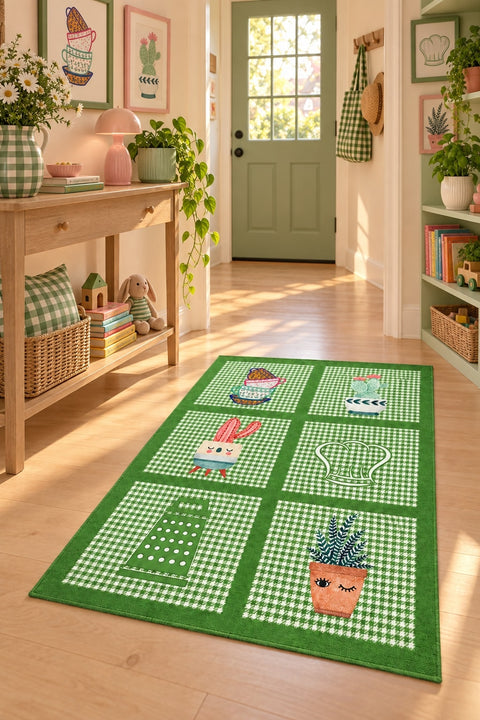 Striped Modern Kitchen Rug – Green in a hallway