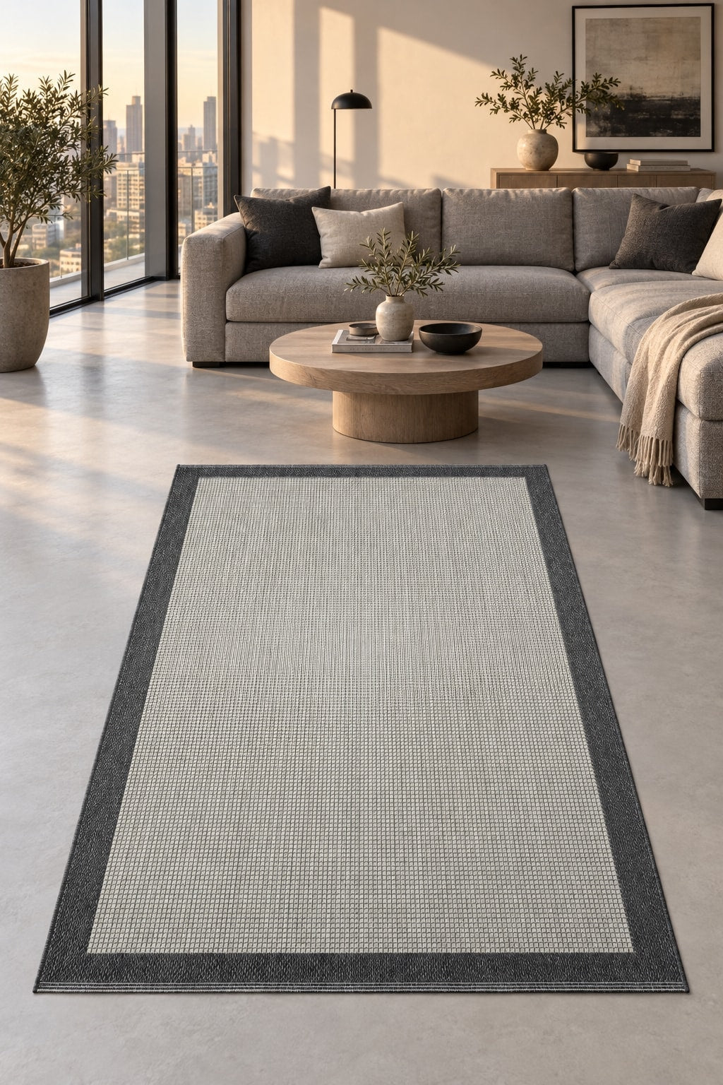 Striped Modern Kitchen Rug – Natural Jute in a living room