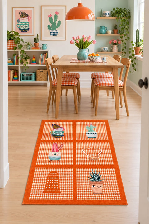 Striped Modern Kitchen Rug – Orange in a dining room