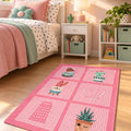 Striped Modern Kitchen Rug – Pink in a bedroom