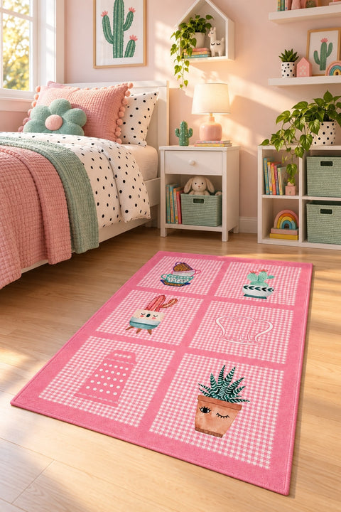 Striped Modern Kitchen Rug – Pink in a bedroom