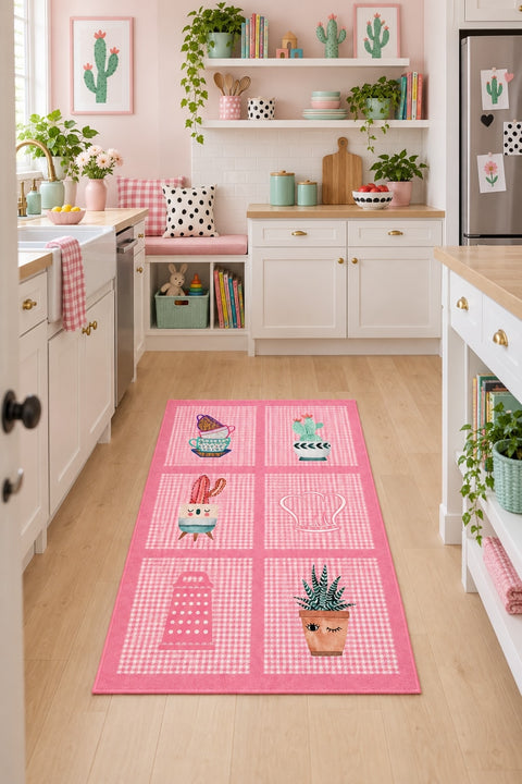 Striped Modern Kitchen Rug – Pink in a kitchen