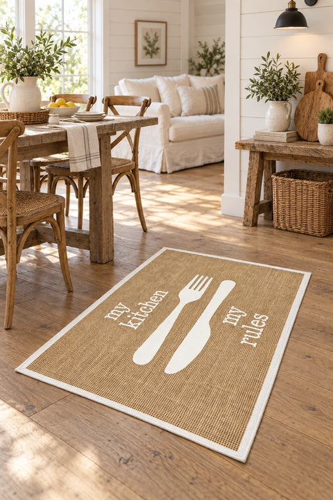 Striped Modern Kitchen Rug – White 1 in a dining room