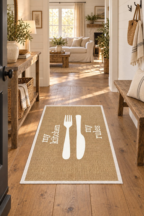 Striped Modern Kitchen Rug – White 1 in a hallway