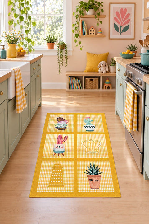 Striped Modern Kitchen Rug – Yellow in a kitchen