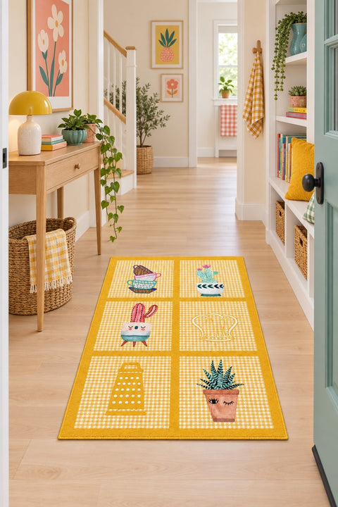 Striped Modern Kitchen Rug – Yellow in a hallway